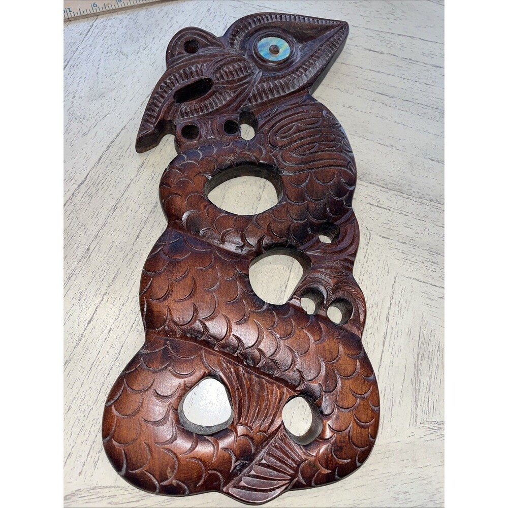 Moaha Wood Carving Matai Wood Art- Pāua Shell Eye - Rotorua New Zealand 17” x 8”